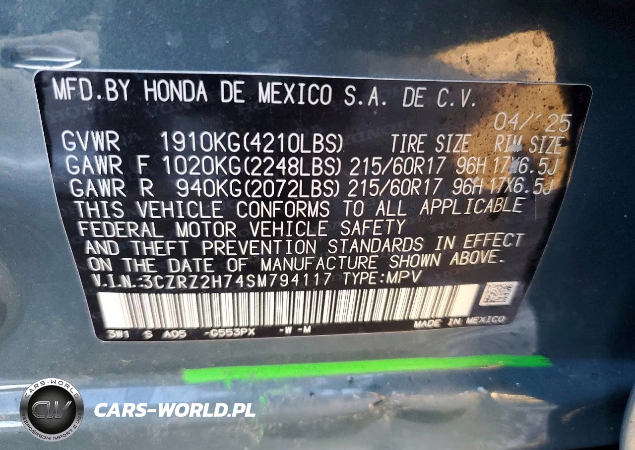 2025 Honda Hr-V Exl VIN:3CZRZ2H74SM794117 - 13