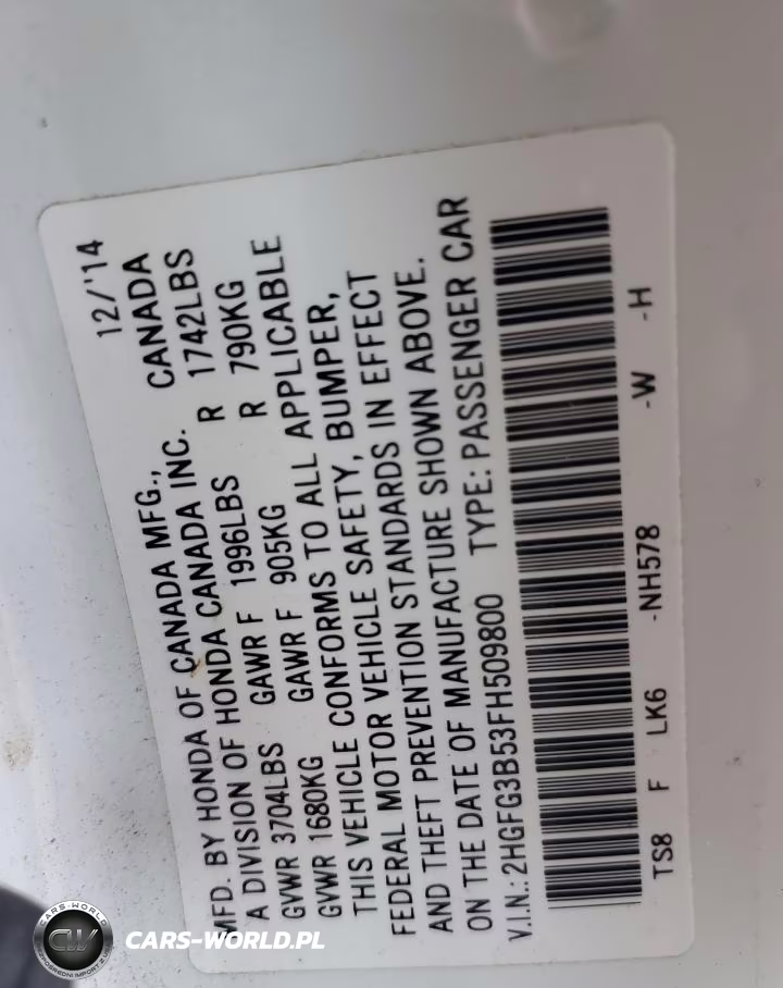 2015 Honda Civic Lx VIN:2HGFG3B53FH509800 - 12