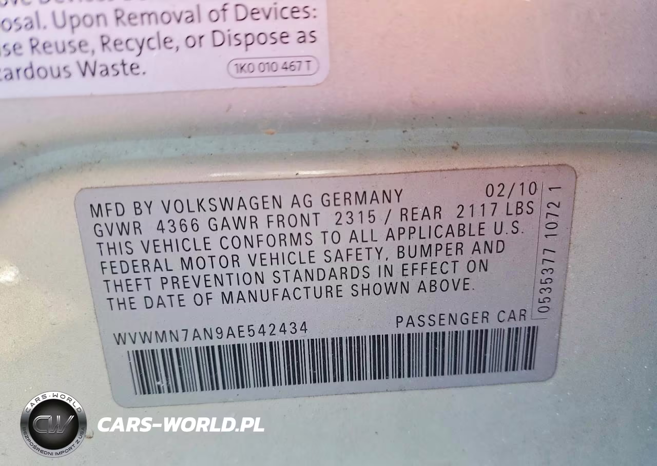2010 Volkswagen Cc Sport VIN:WVWMN7AN9AE542434 - 13