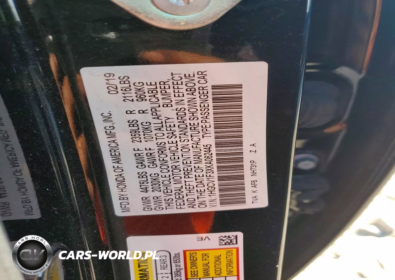 2019 Honda Accord Sport VIN:1HGCV1F3XKA062445 - 12