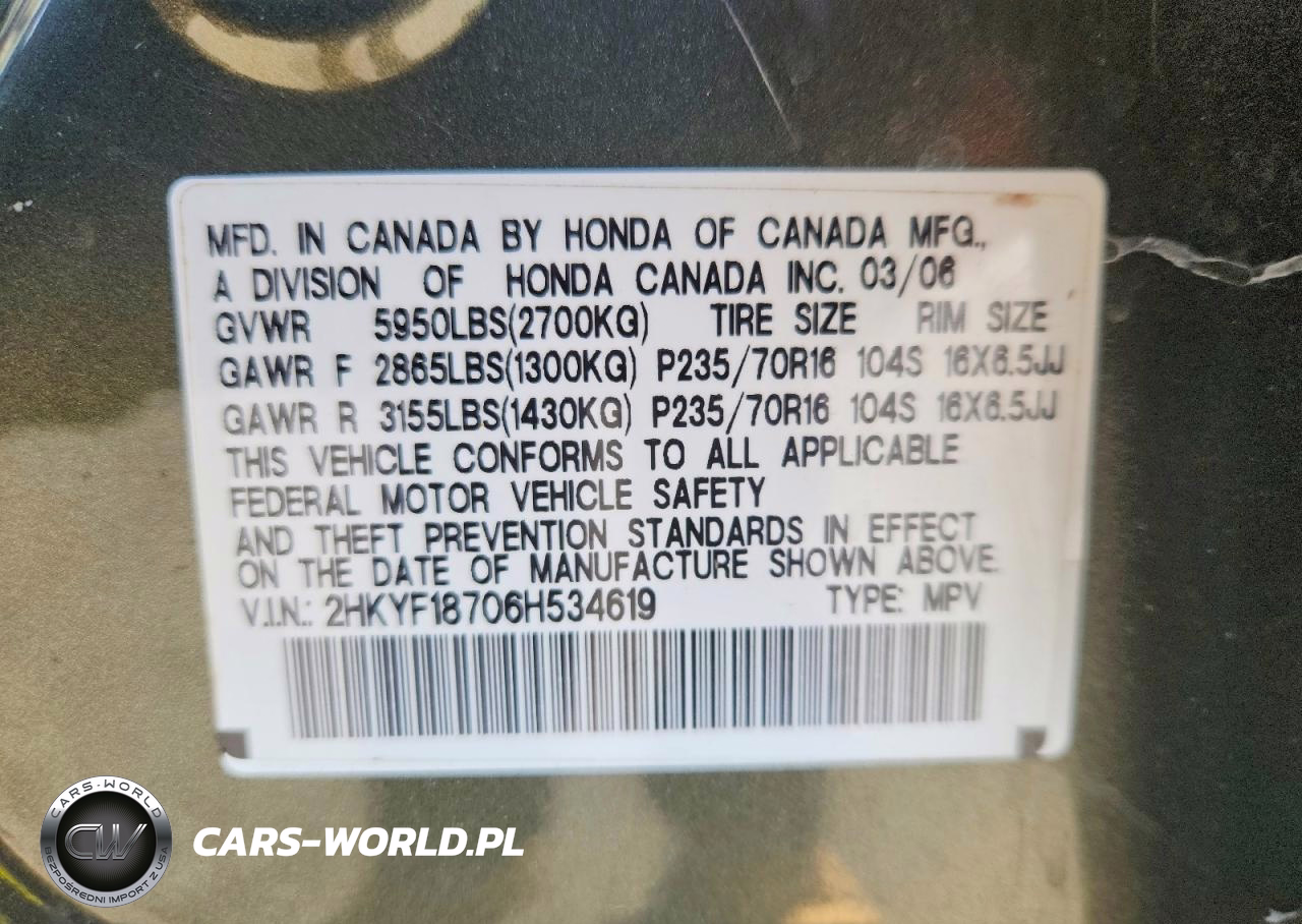 2006 Honda Pilot Ex VIN:2HKYF18706H534619 - 13