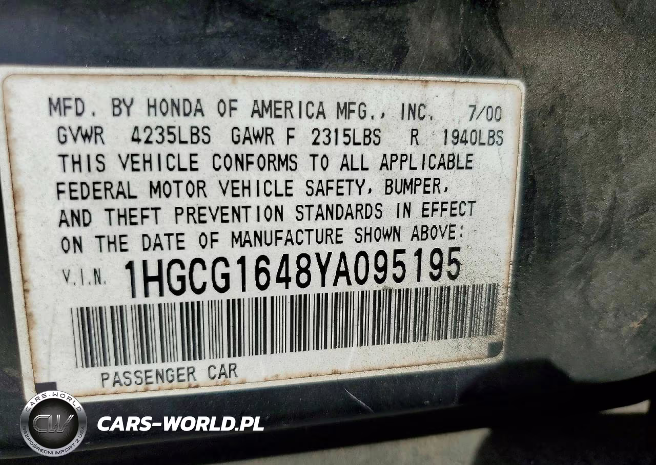 2000 Honda Accord Lx VIN:1HGCG1648YA095195 - 12