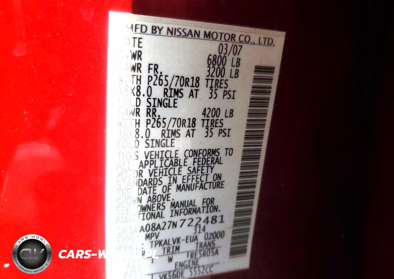 2007 Nissan Armada Se VIN:5N1AA08A27N722481 - 13