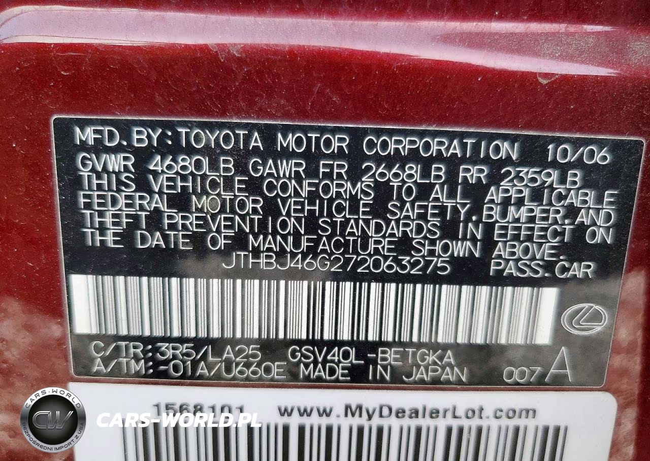 2007 Lexus Es 350 VIN:JTHBJ46G272063275 - 12