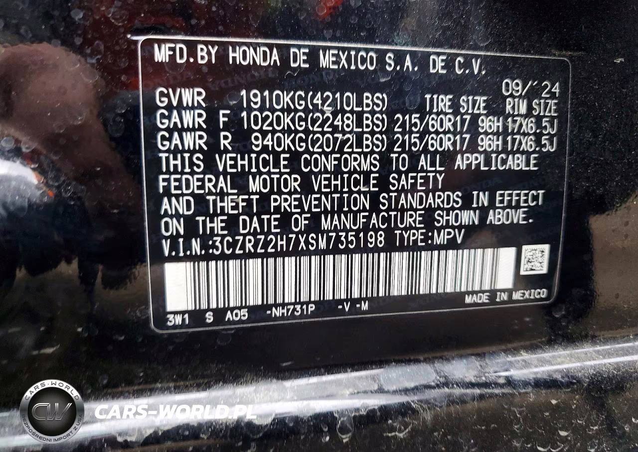 2025 Honda Hr-V Exl VIN:3CZRZ2H7XSM735198 - 13