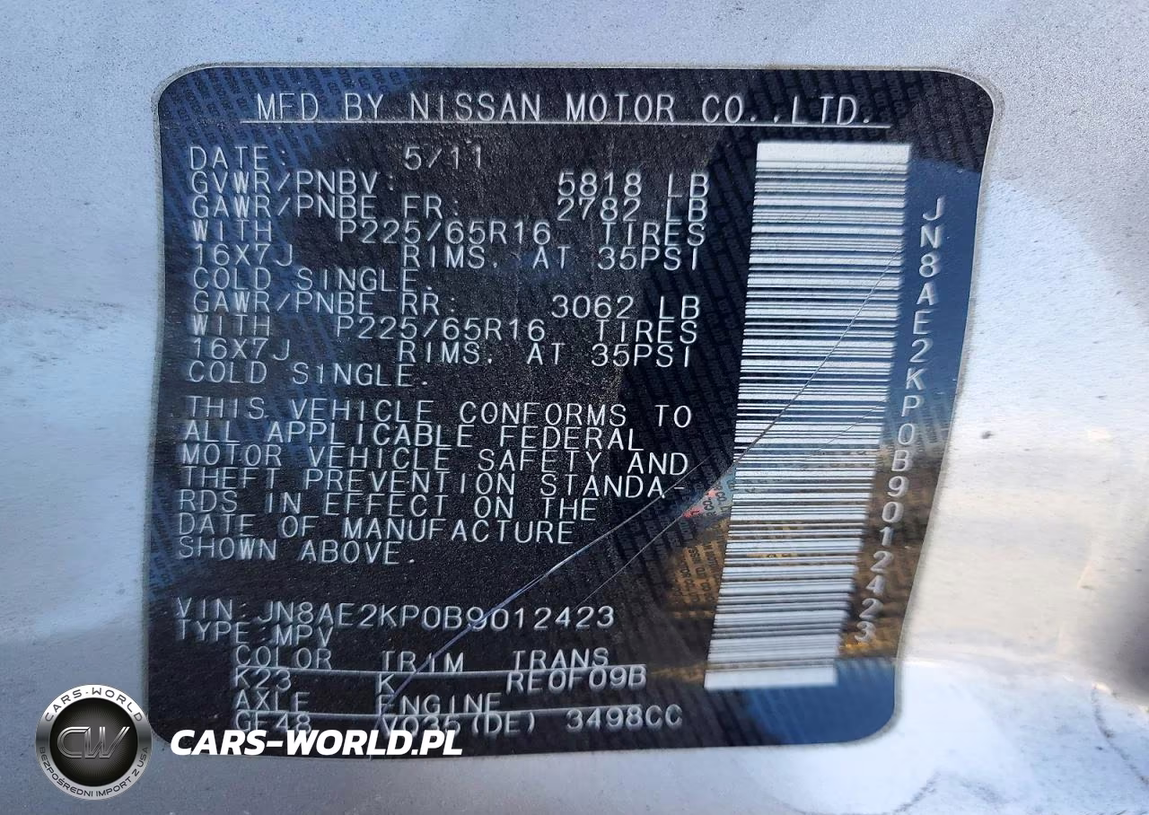 2011 Nissan Quest S VIN:JN8AE2KP0B9012423 - 13