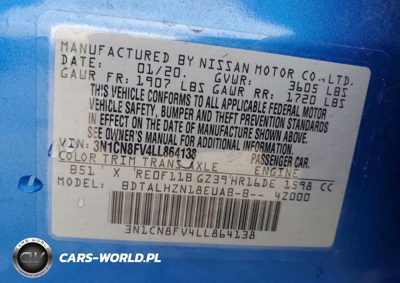 2020 Nissan Versa Sr VIN:3N1CN8FV4LL864138 - 12