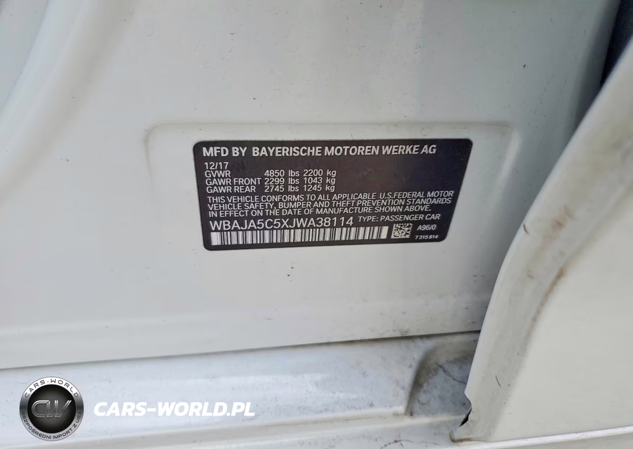 2018 BMW 530 I VIN:WBAJA5C5XJWA38114 - 12