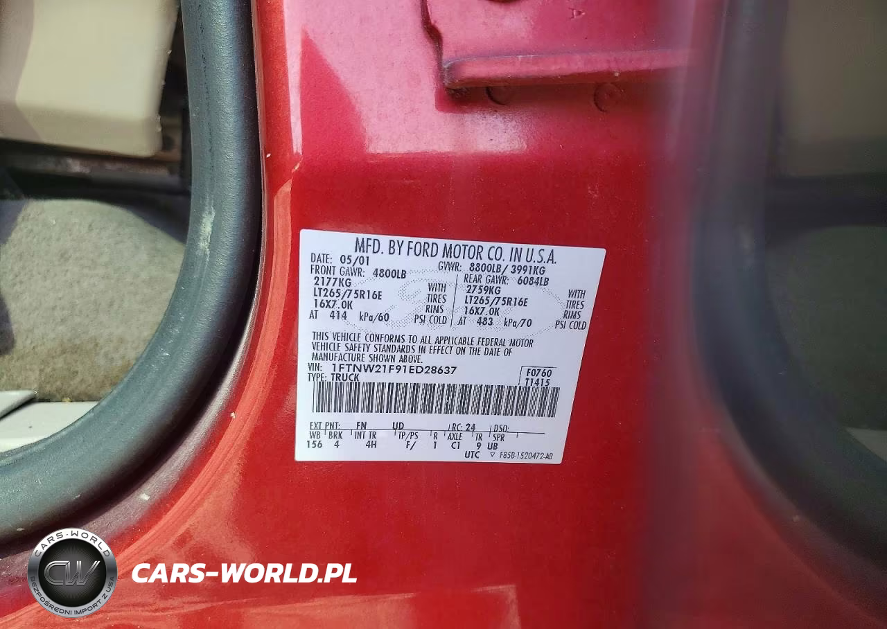 2001 Ford F250 Super Duty VIN:1FTNW21F91ED28637 - 12