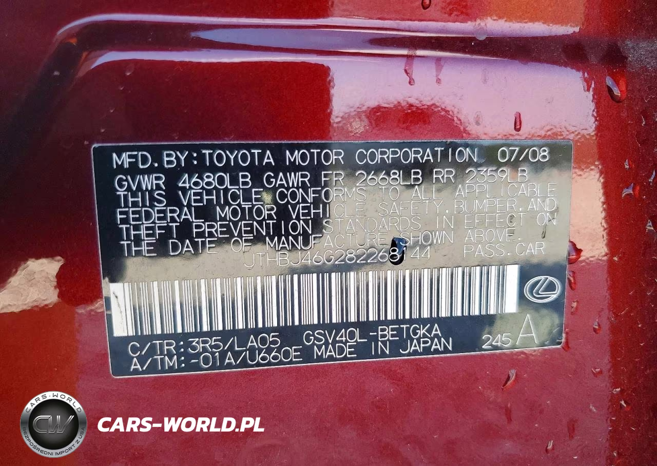 2008 Lexus Es 350 Base VIN:JTHBJ46G282268144 - 12