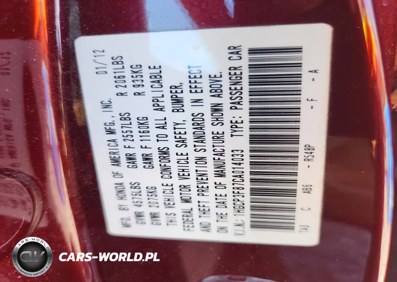 2012 Honda Accord Exl VIN:1HGCP3F87CA014033 - 12