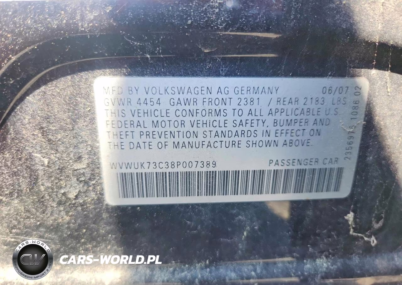 2008 Volkswagen Passat Turbo VIN:WVWUK73C38P007389 - 12
