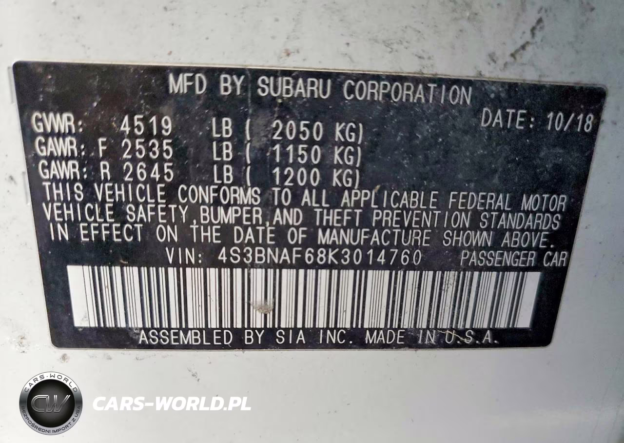 2019 Subaru Legacy 2.5I Premium VIN:4S3BNAF68K3014760 - 12