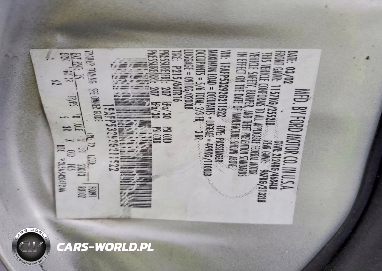 2002 Ford Taurus Se VIN:1FAFP53292G211522 - 12