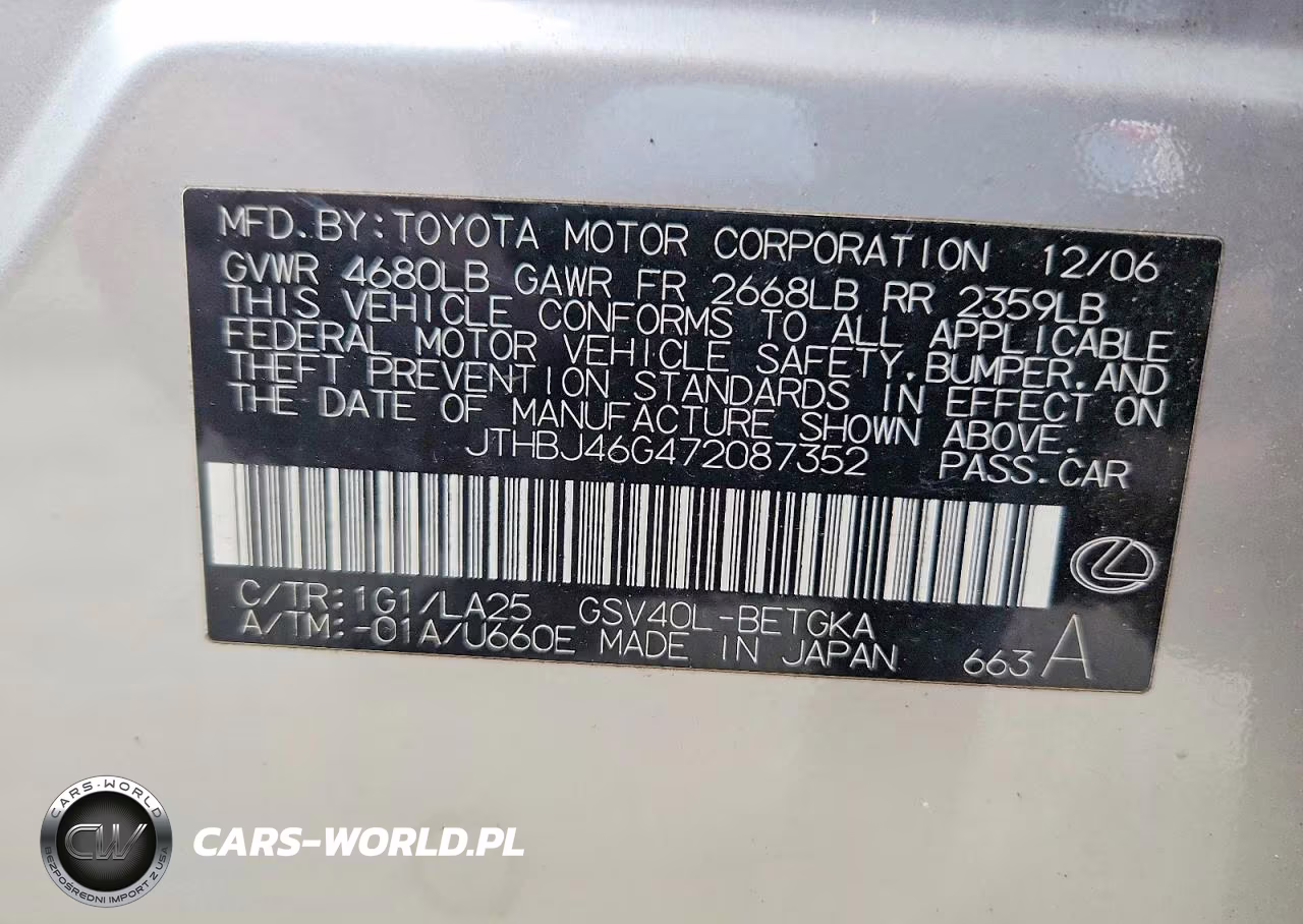 2007 Lexus Es 350 VIN:JTHBJ46G472087352 - 12