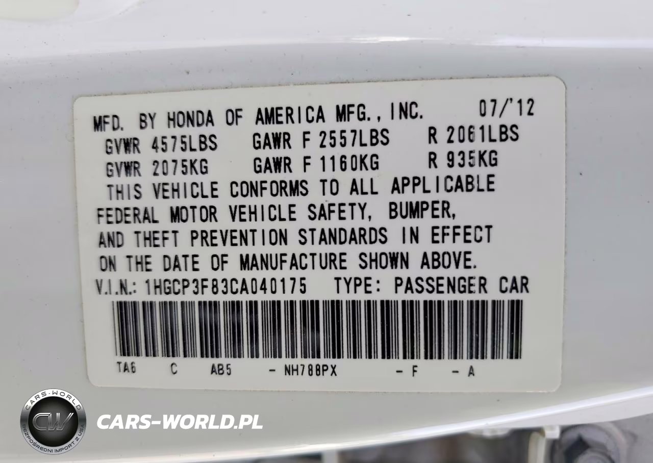 2012 Honda Accord Exl VIN:1HGCP3F83CA040175 - 12