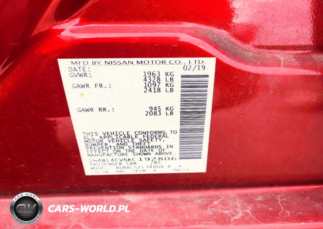 2019 Nissan Altima Sr VIN:1N4BL4CV6KC192806 - 12