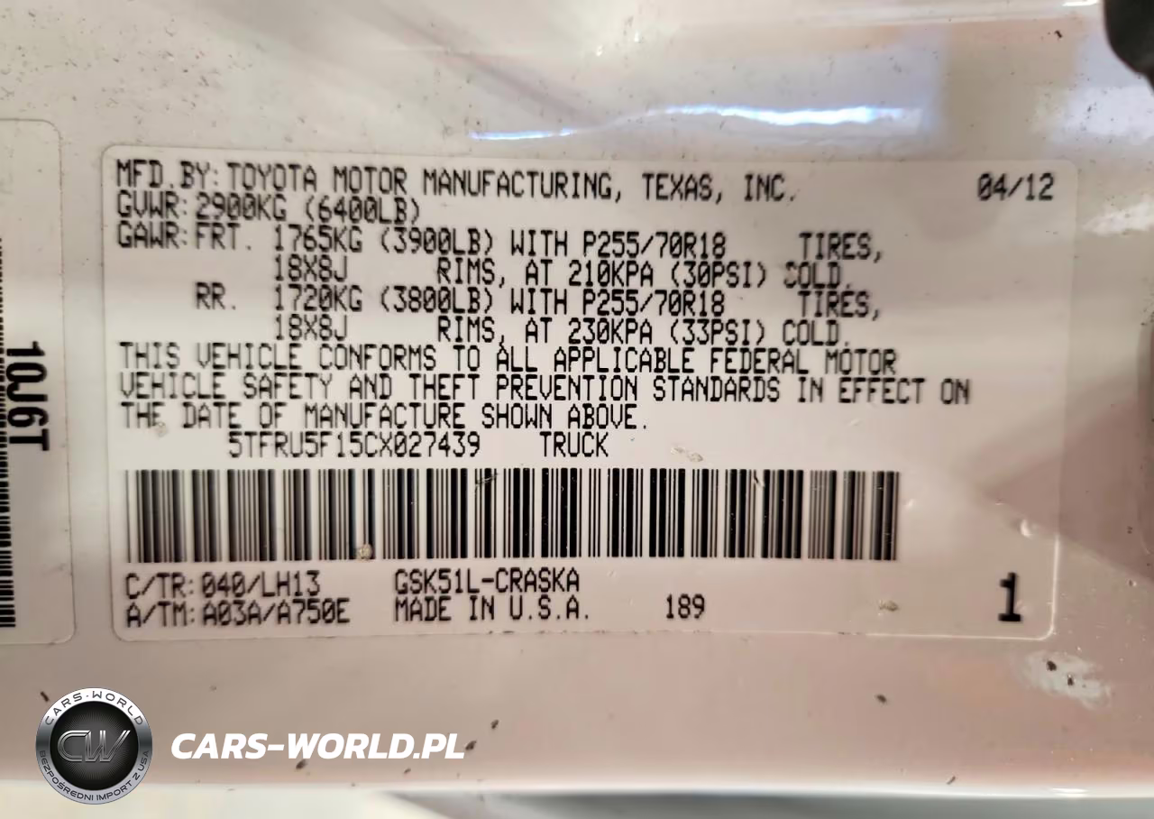 2012 Toyota Tun VIN:5TFRU5F15CX027439 - 12