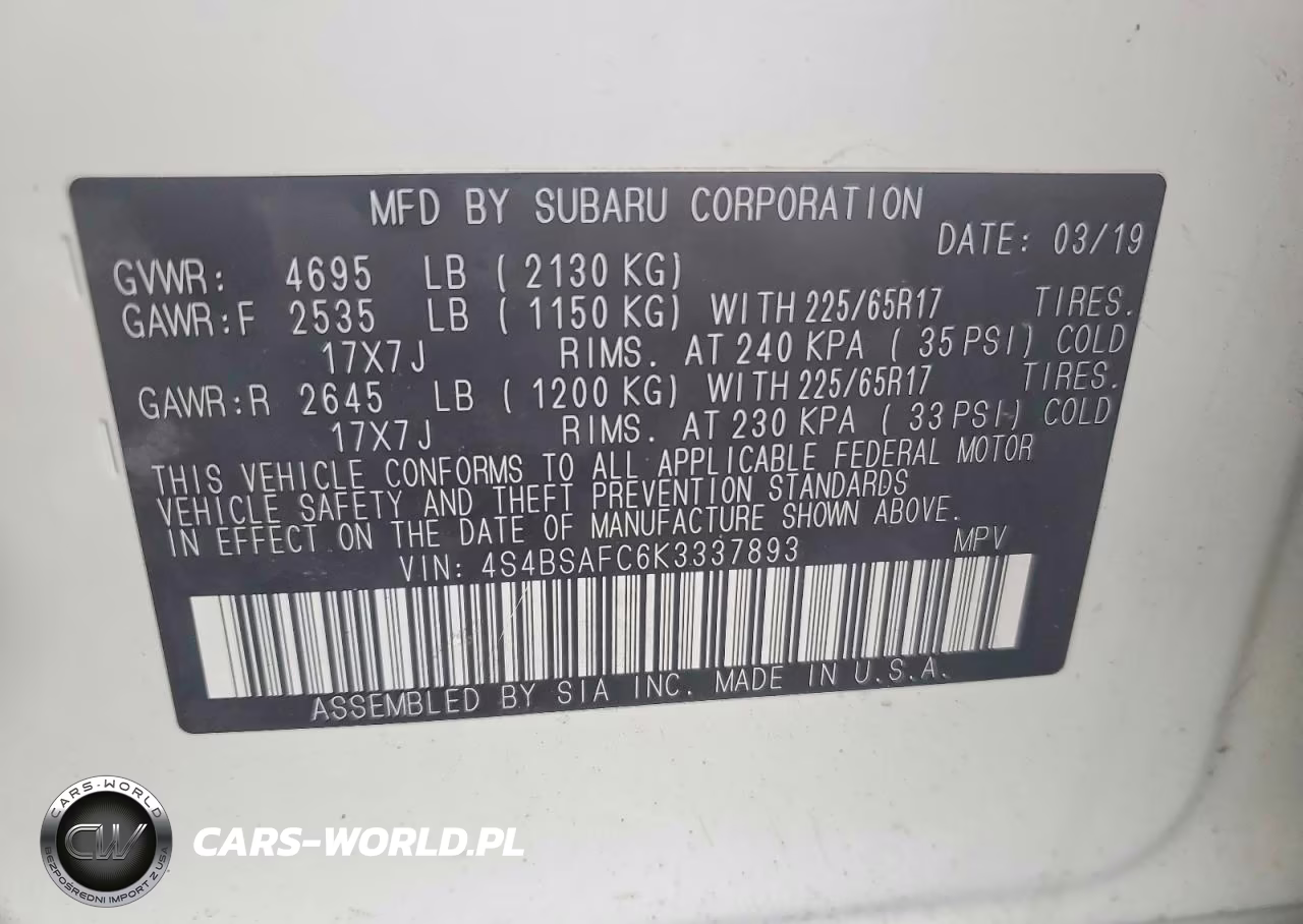 2019 Subaru Outback 2.5I Premium VIN:4S4BSAFC6K3337893 - 14