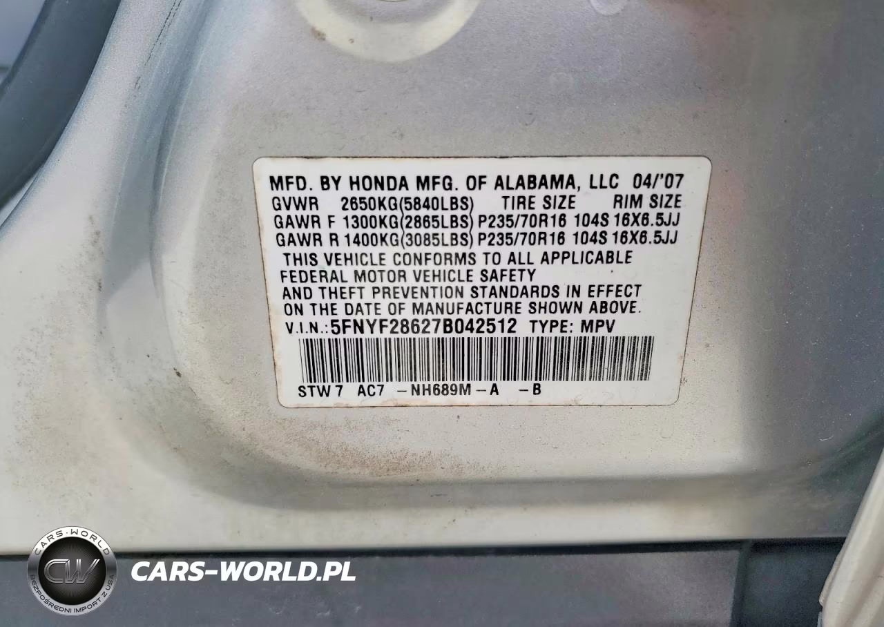 2007 Honda Pilot Exl VIN:5FNYF28627B042512 - 13