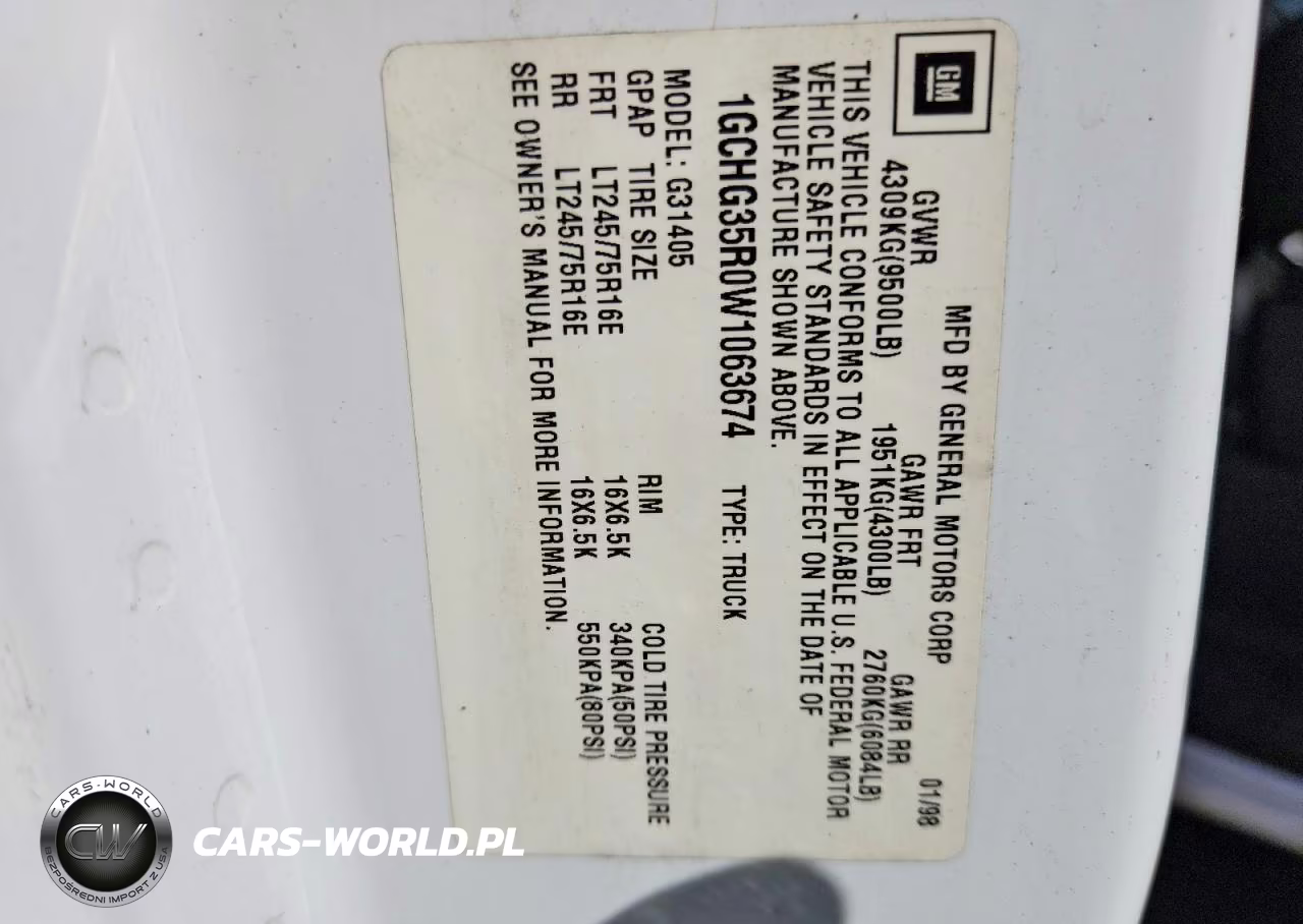 1998 Chevrolet Express Delivery Van VIN:1GCHG35R0W1063674 - 13