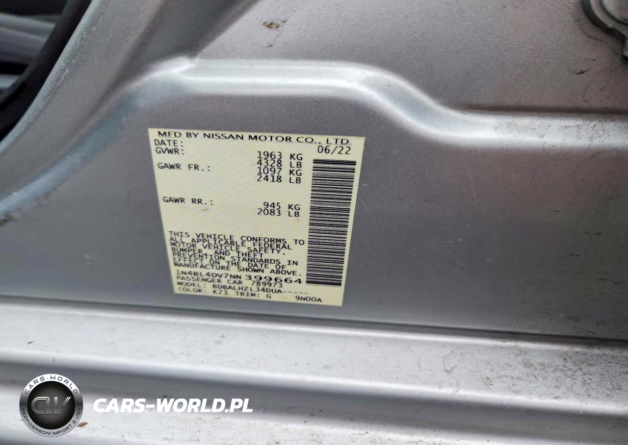 2022 Nissan Altima Sv VIN:1N4BL4DV7NN399664 - 12