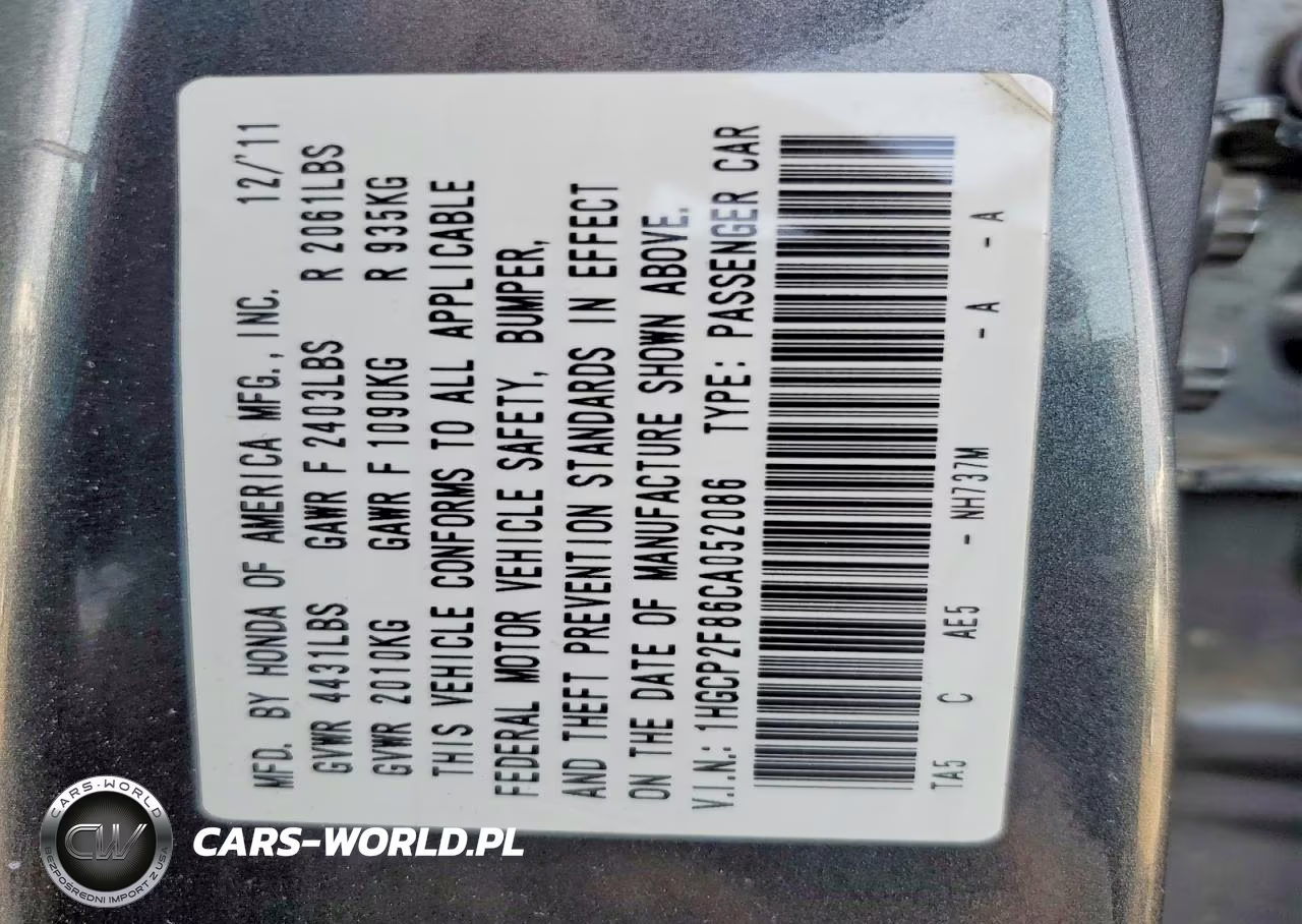 2012 Honda Accord Exl VIN:1HGCP2F86CA052086 - 12