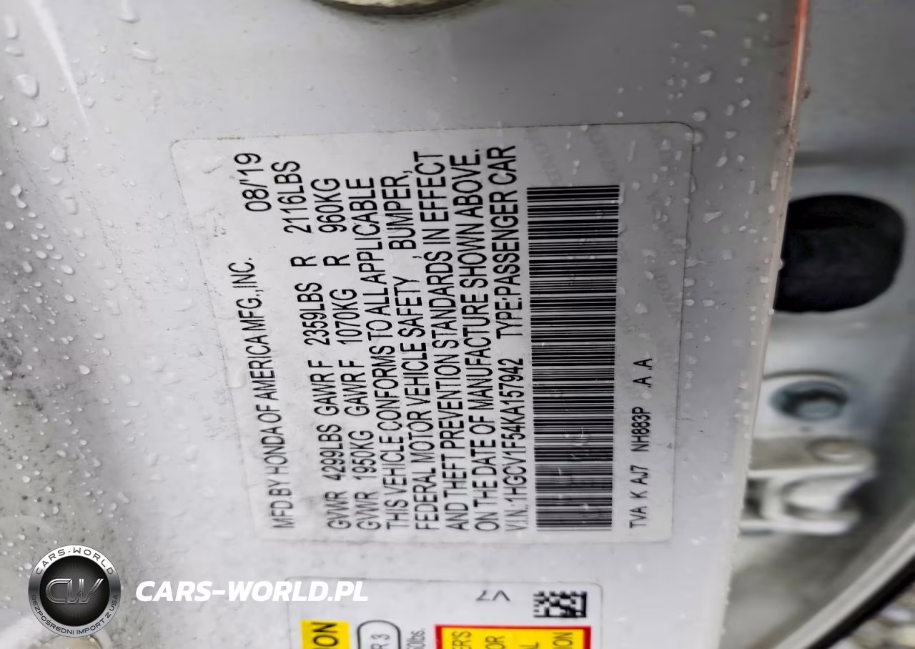 2019 Honda Accord Exl VIN:1HGCV1F54KA157942 - 12