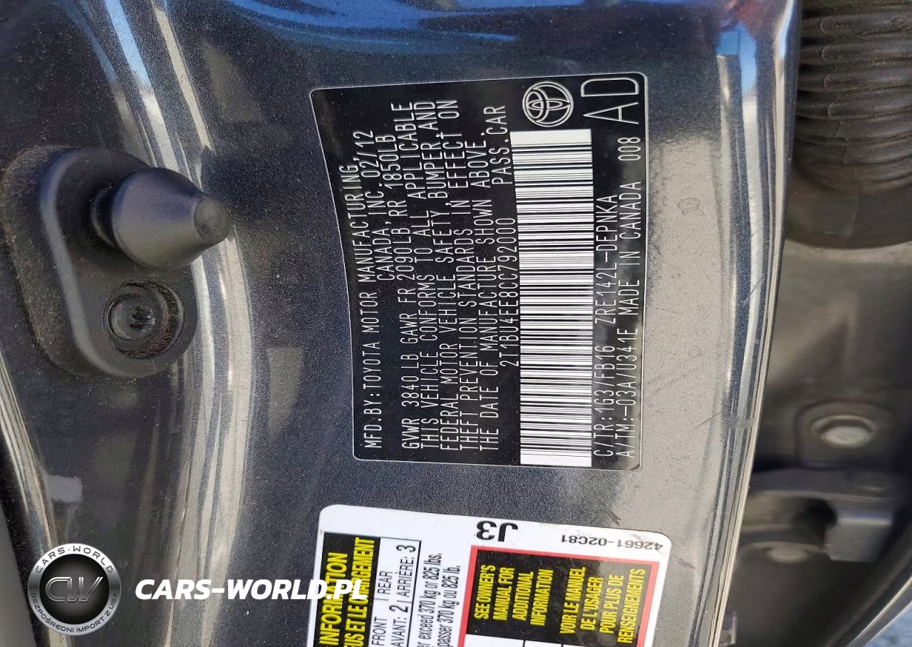 2012 Toyota Corolla Base VIN:2T1BU4EE8CC792000 - 12