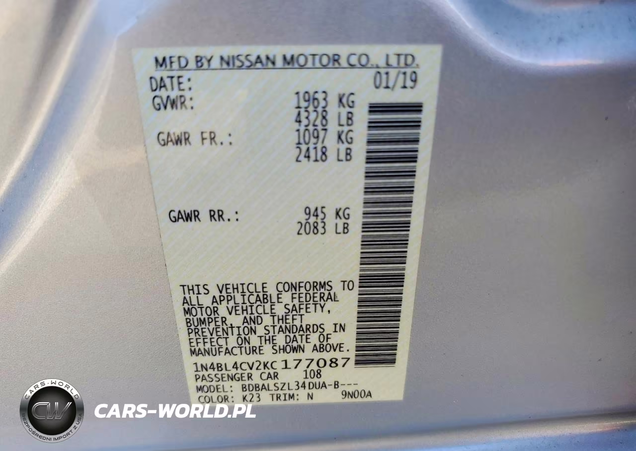 2019 Nissan Altima Sr VIN:1N4BL4CV2KC177087 - 12