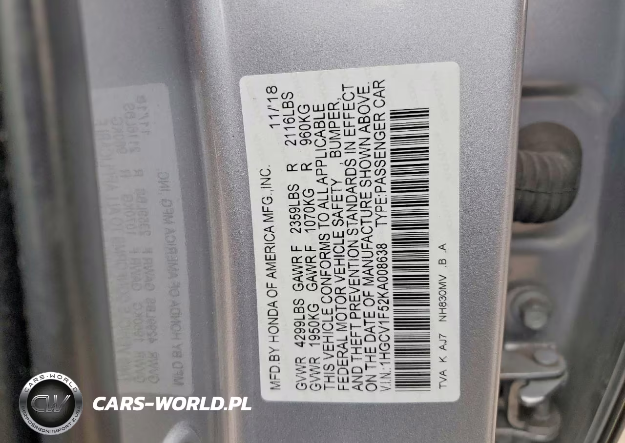 2019 Honda Accord Exl VIN:1HGCV1F52KA008638 - 12