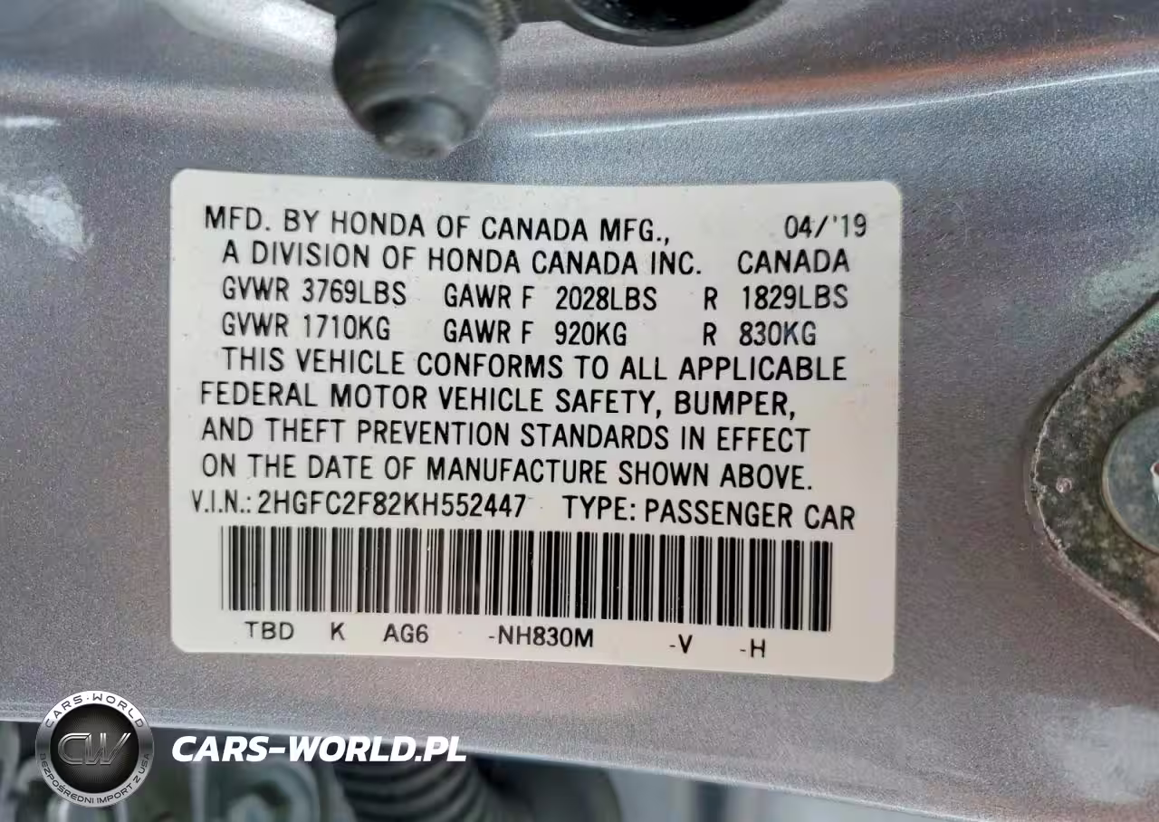2019 Honda Civic Sport VIN:2HGFC2F82KH552447 - 12