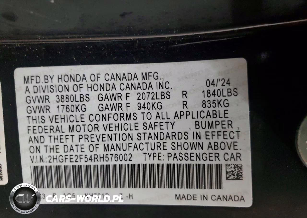 2024 Honda Civic Sport VIN:2HGFE2F54RH576002 - 12