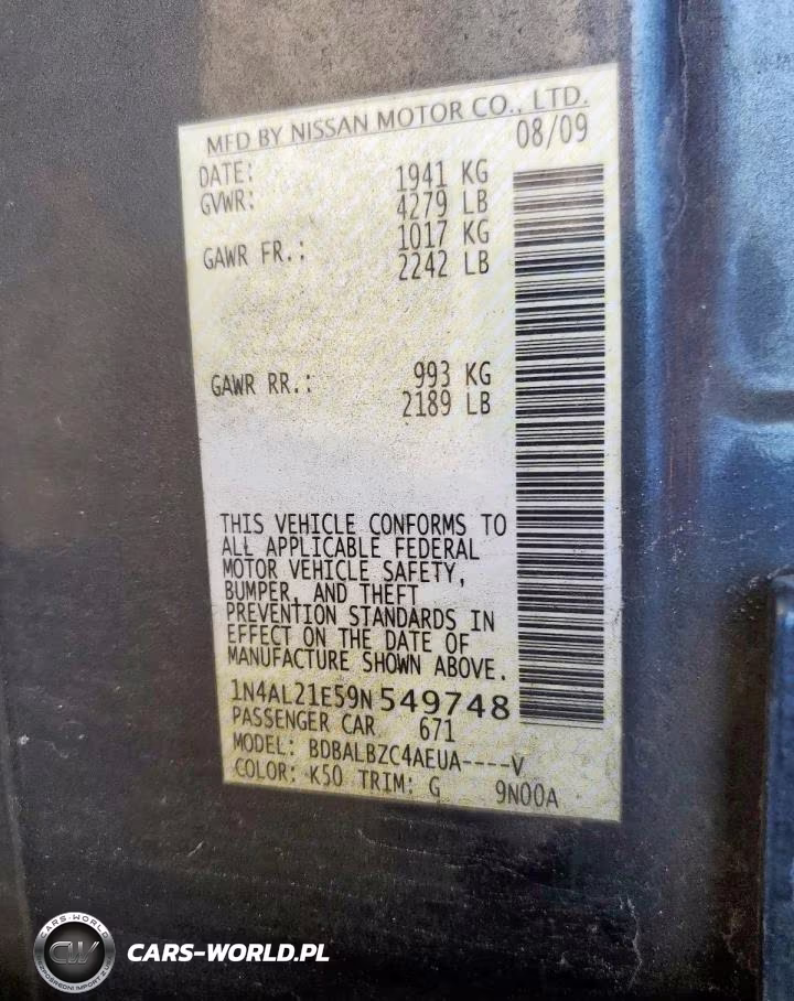 2009 Nissan Altima 2.5 VIN:1N4AL21E59N549748 - 12