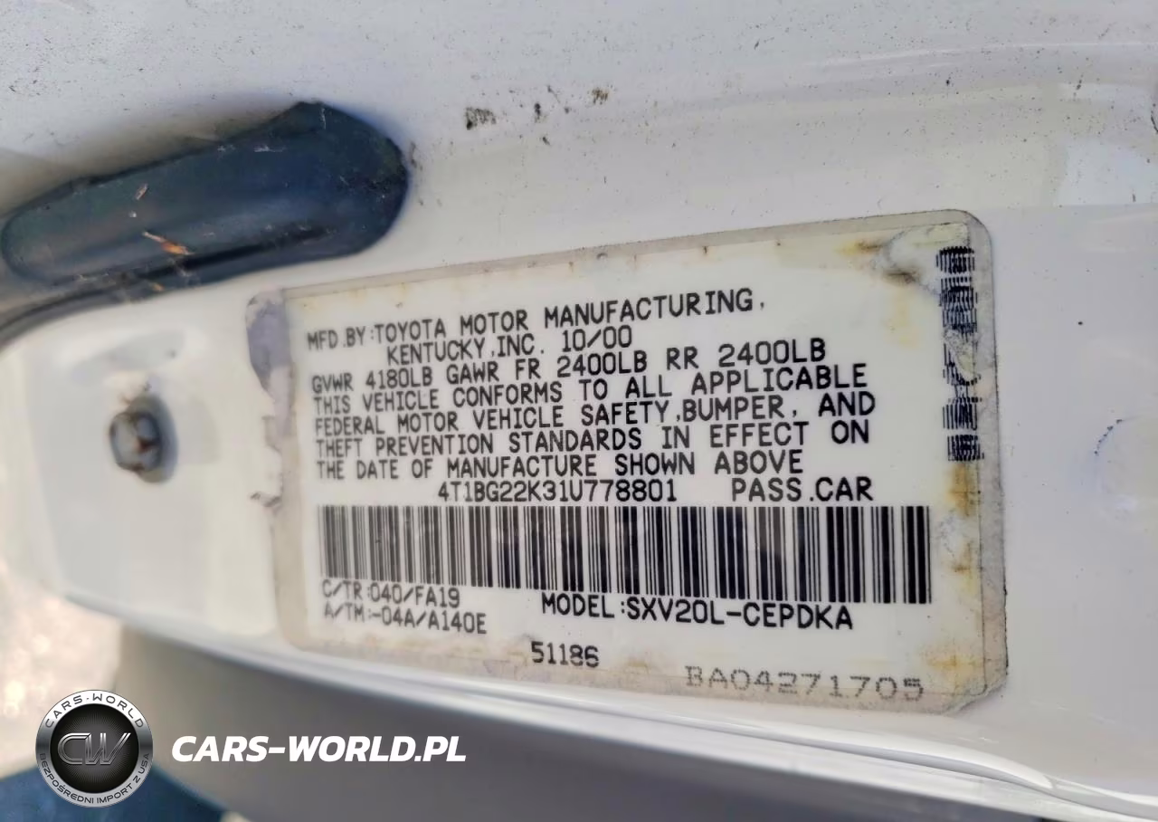 2001 Toyota Camry VIN:4T1BG22K31U778801 - 12