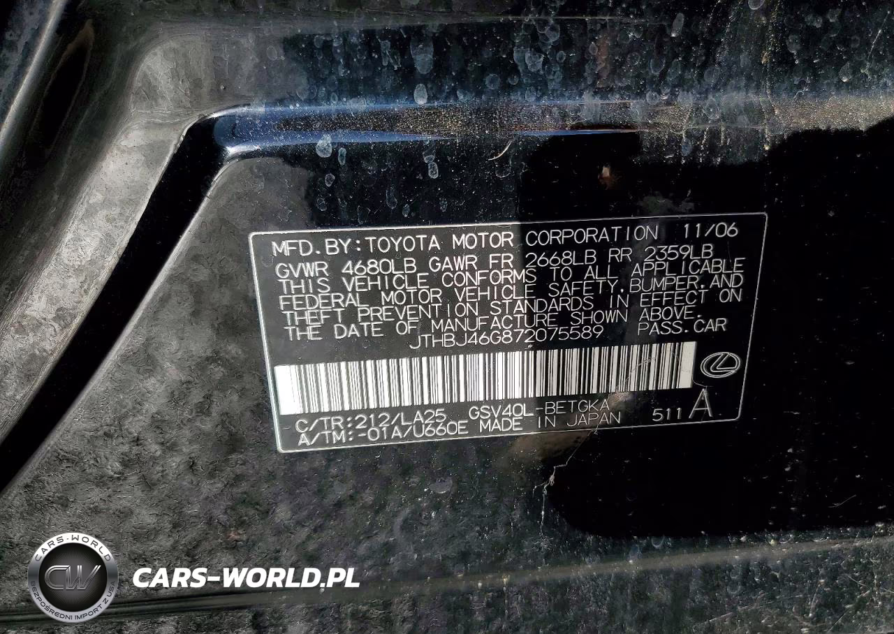 2007 Lexus Es 350 VIN:JTHBJ46G872075589 - 12