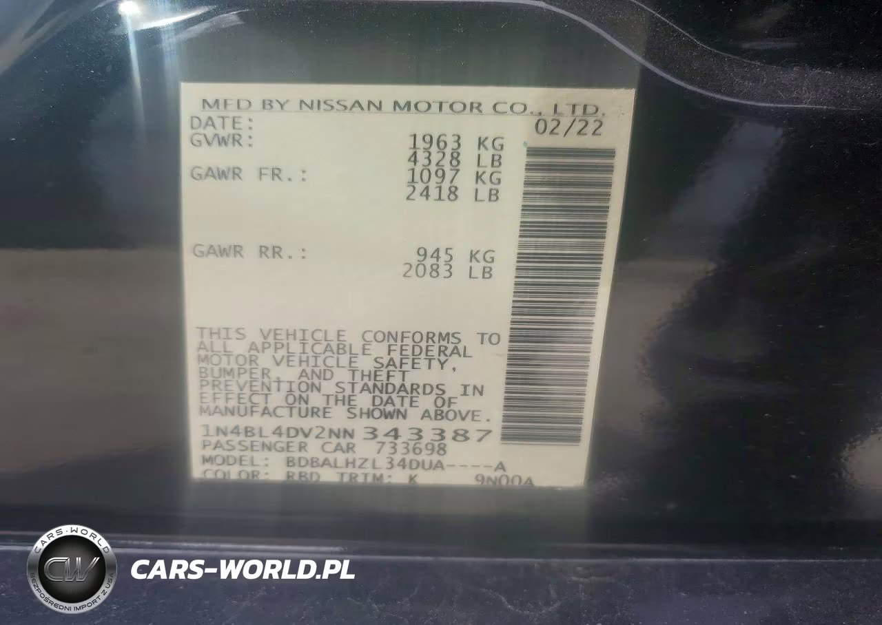 2022 Nissan Altima Sv VIN:1N4BL4DV2NN343387 - 13