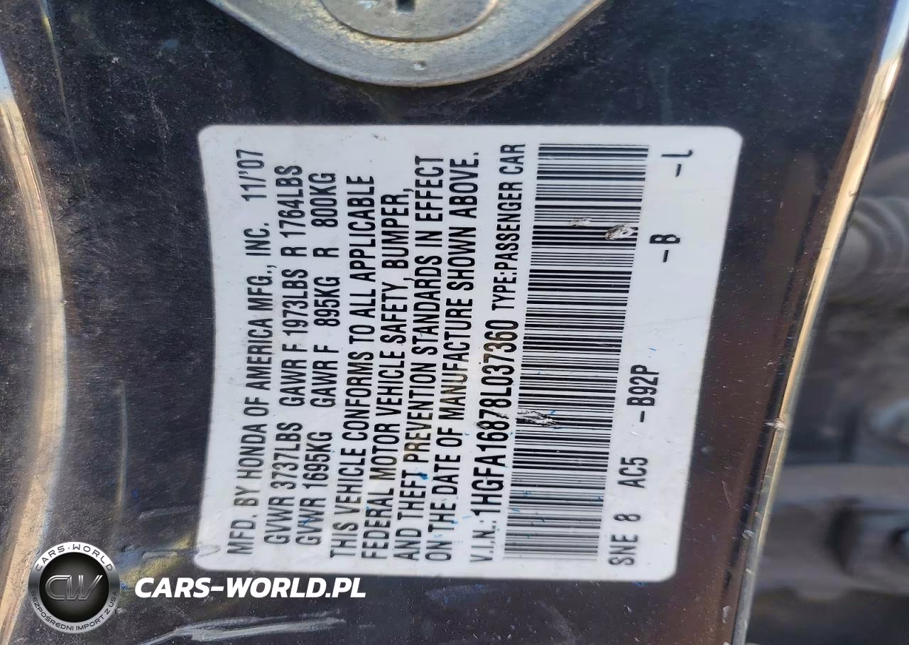 2008 Honda Civic Seda VIN:1HGFA16878L037360 - 12