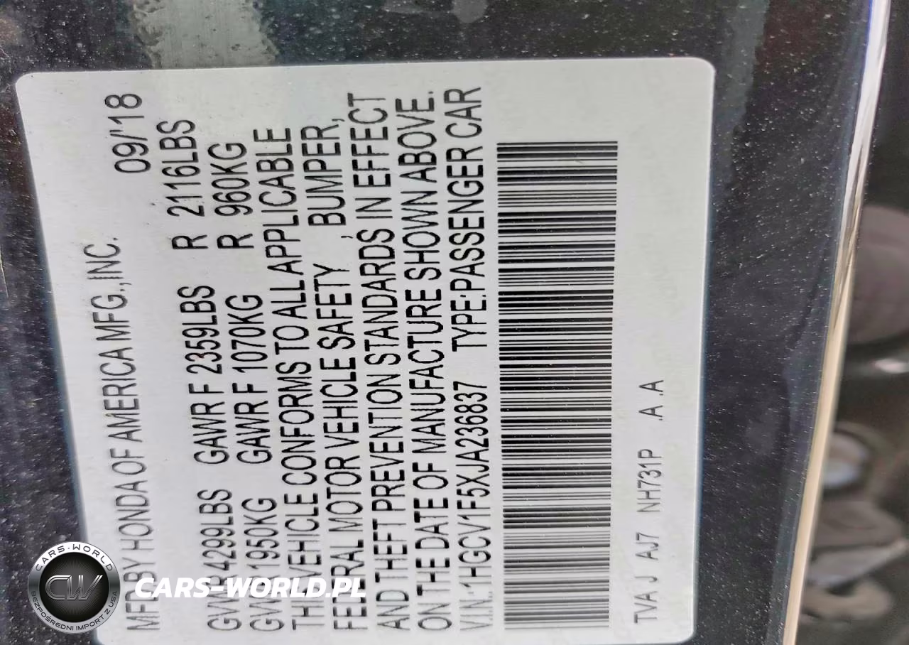2018 Hond Accord Exl VIN:1HGCV1F5XJA236837 - 12