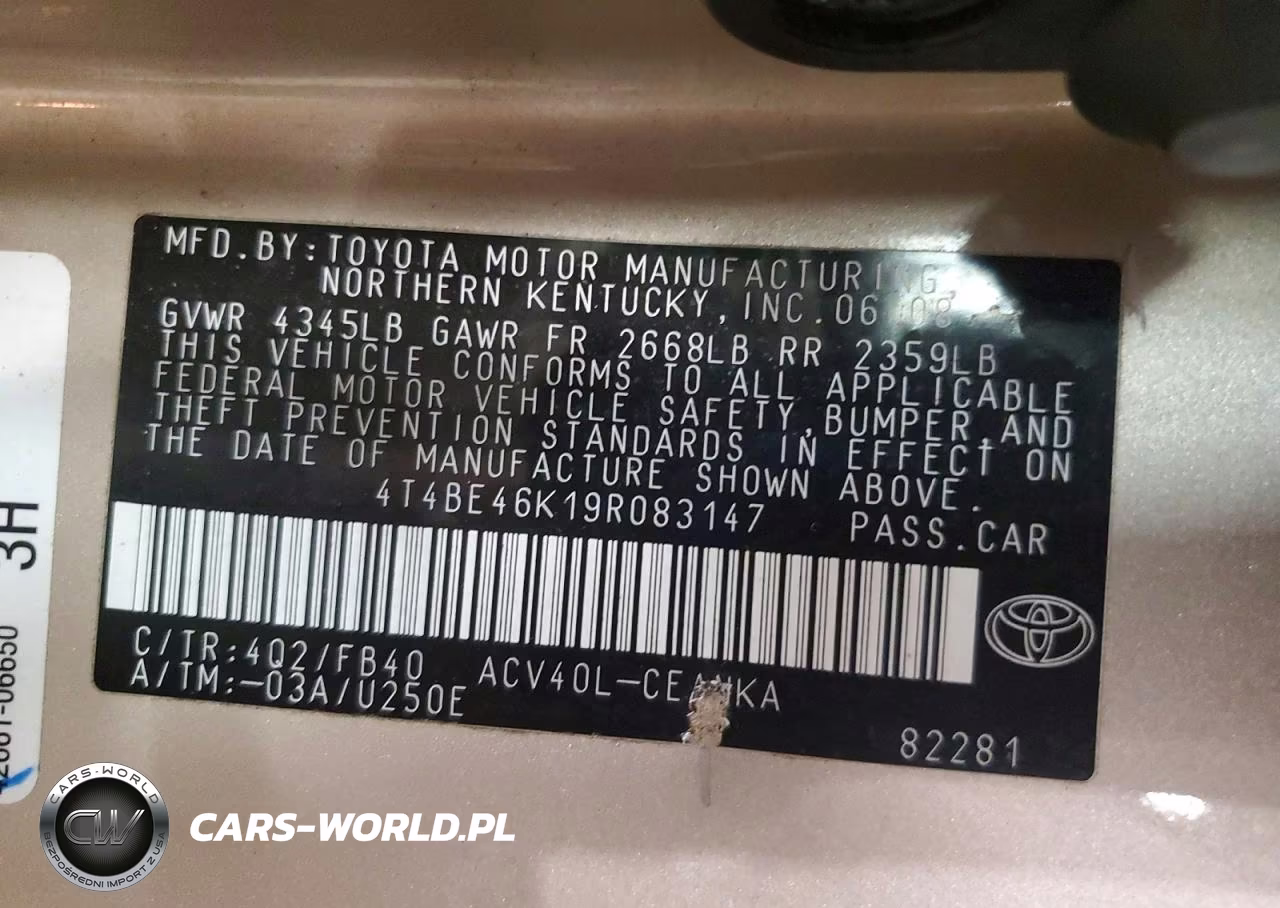 2009 Toyota Camry Base VIN:4T4BE46K19R083147 - 12