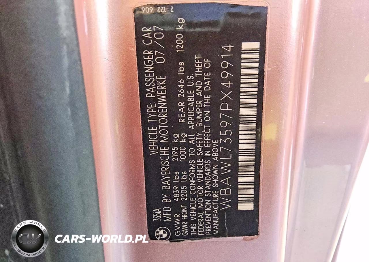 2007 BMW 335 I VIN:WBAWL73597PX49914 - 12