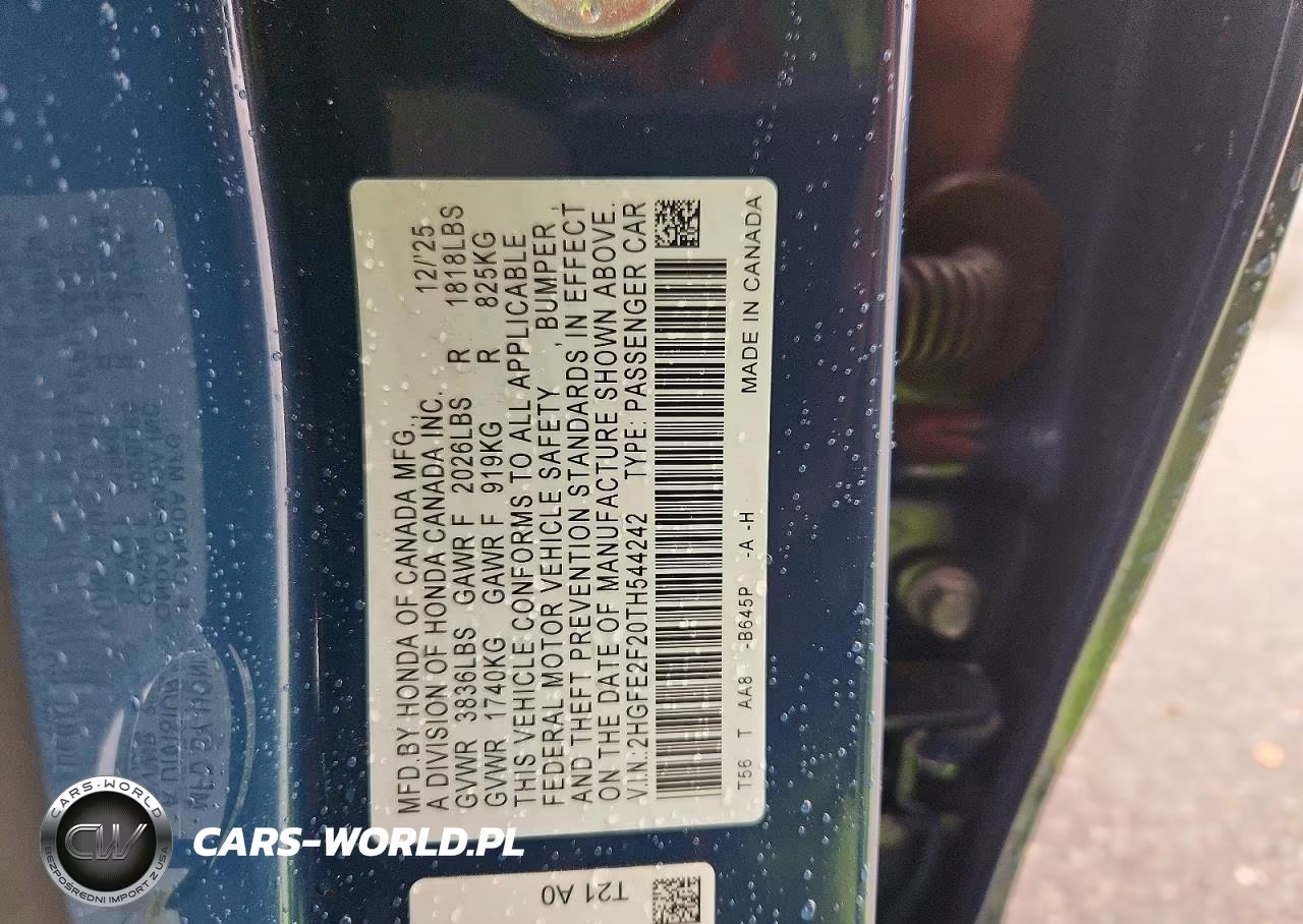 2026 Honda Civic Lx VIN:2HGFE2F20TH544242 - 12