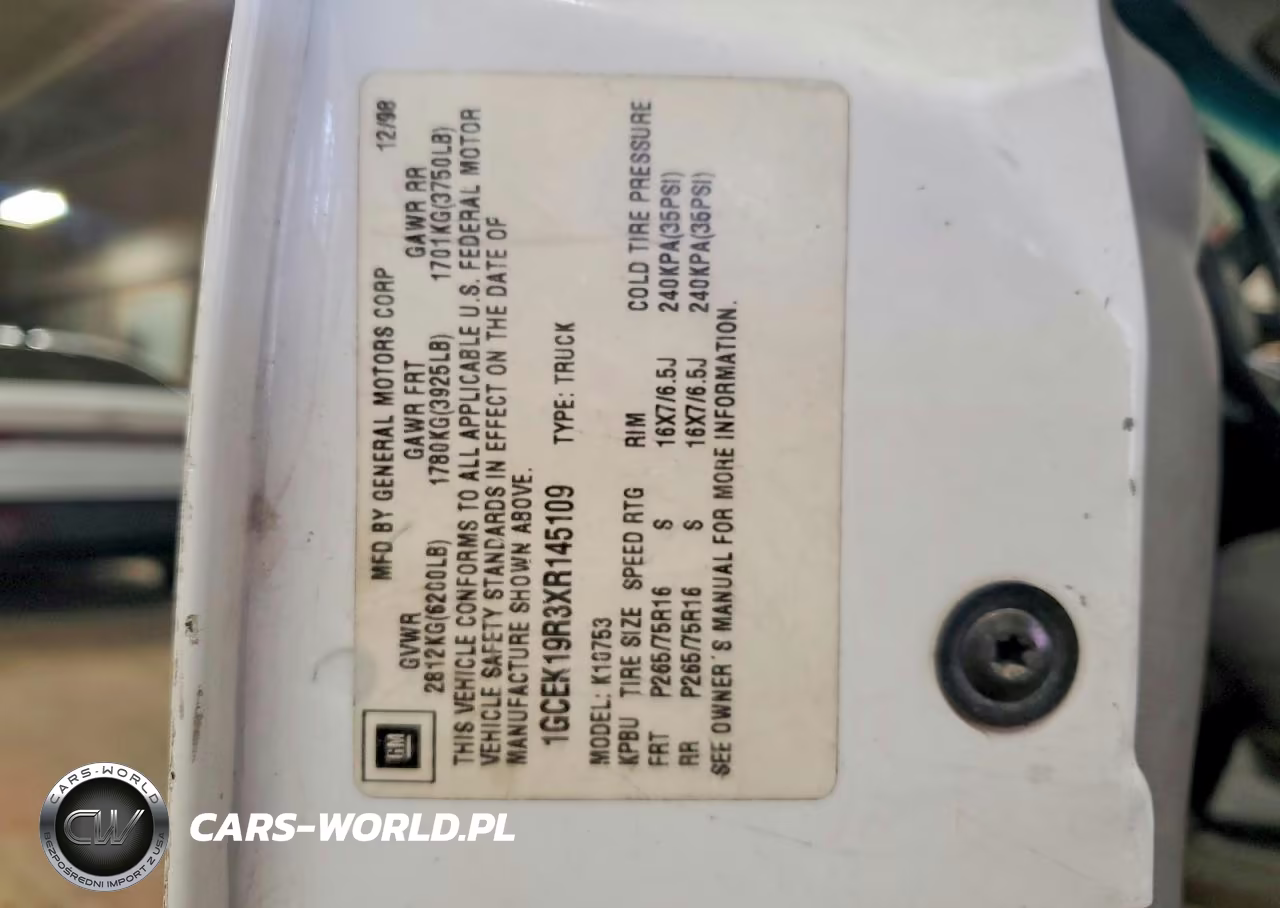 1999 Chevrolet Gmt-400 K1500 VIN:1GCEK19R3XR145109 - 12