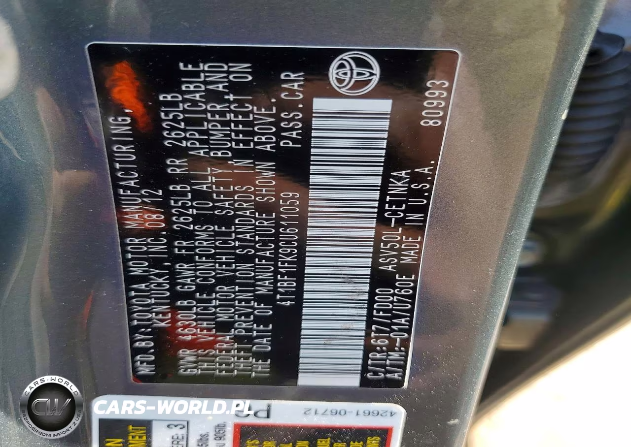 2012 Toyota Camry Base VIN:4T1BF1FK9CU611059 - 12