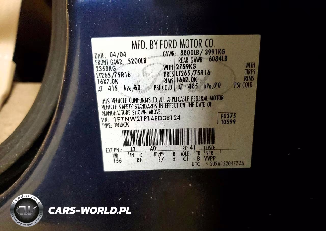2004 Ford F250 Super Duty VIN:1FTNW21P14ED38124 - 12