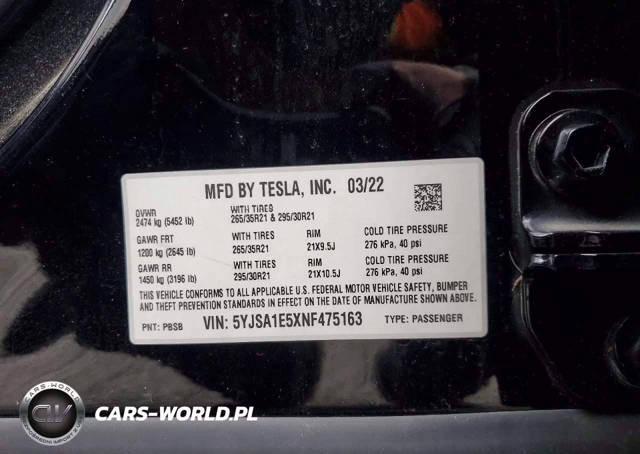 2022 Tesla Model S VIN:5YJSA1E5XNF475163 - 12