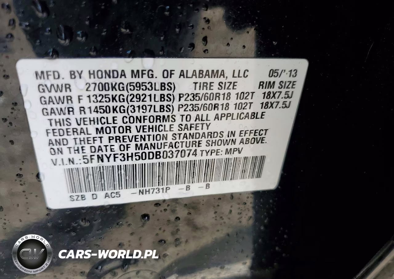 2013 Honda Pilot Exl VIN:5FNYF3H50DB037074 - 14