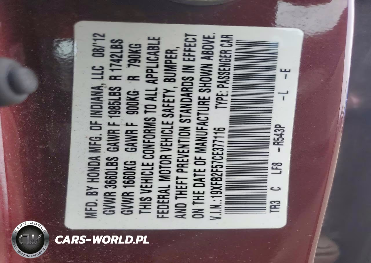 2012 Honda Civic Lx VIN:19XFB2F57CE377116 - 12