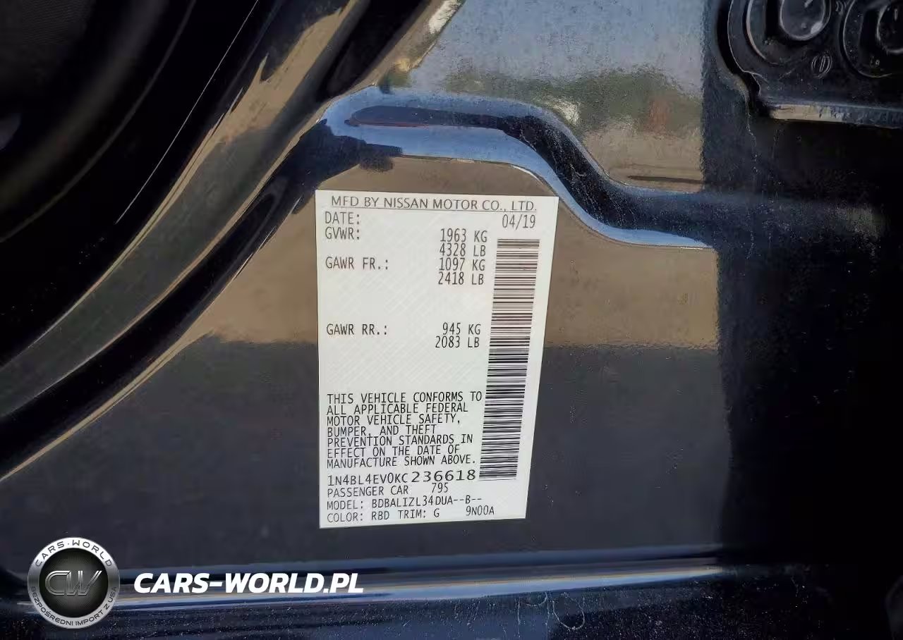 2019 Nissan Altima Sl VIN:1N4BL4EV0KC236618 - 12