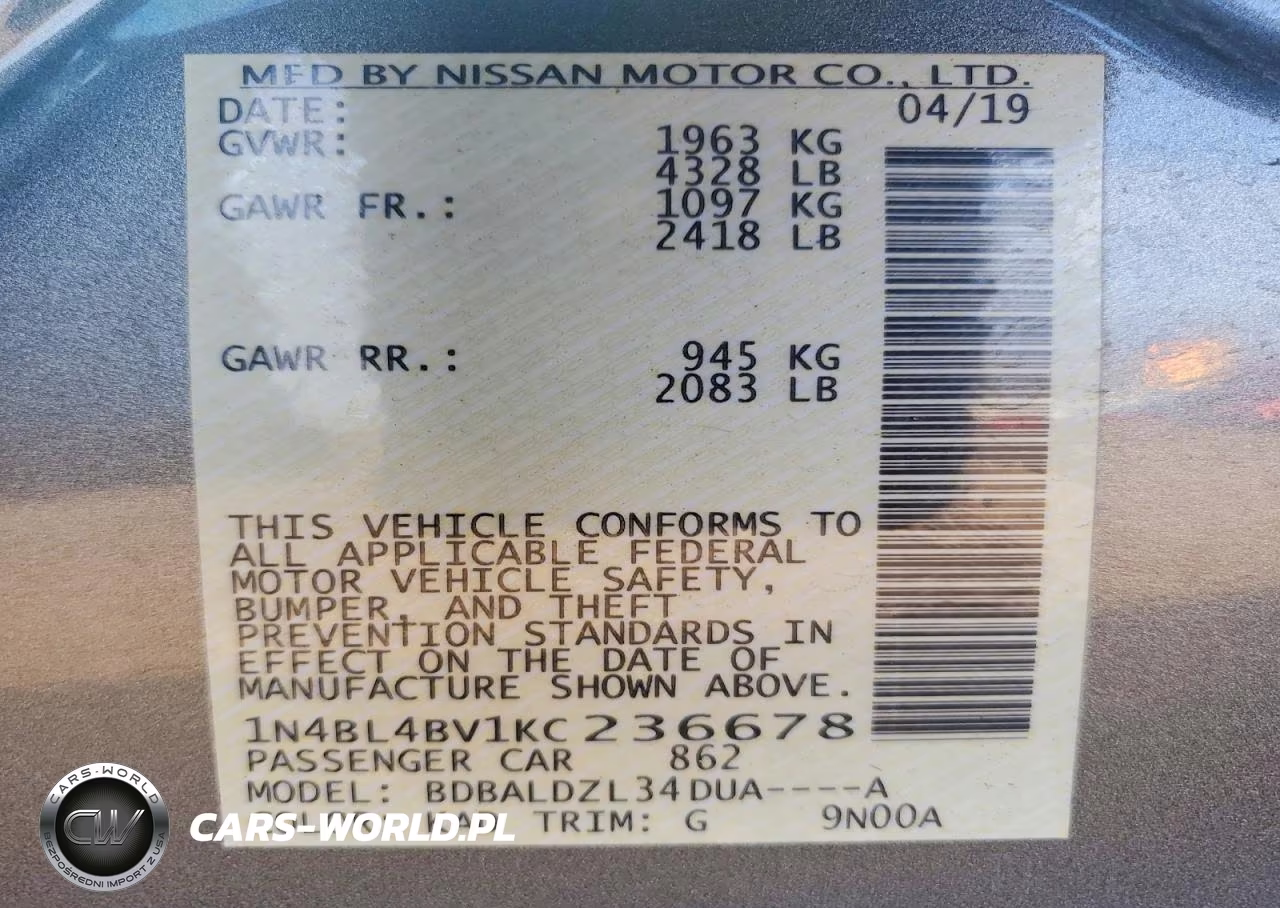 2019 Nissan Altima S VIN:1N4BL4BV1KC236678 - 12